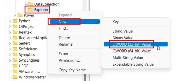 User right clicks on the Explorer key in Registry Editor, to create a new DWORD (32 bit) value.