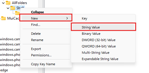 User right clicks on the Shell key in Registry Editor, to create a new String value.