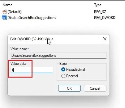 User sets the value of the Disable Search Box Suggestions value to 1, in Registry Editor.