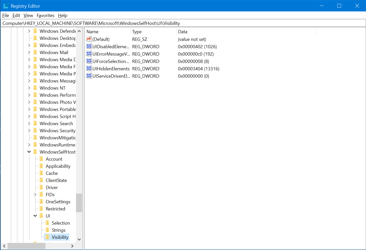 The Registry Editor is opened to the above registry key. Several items are shown.