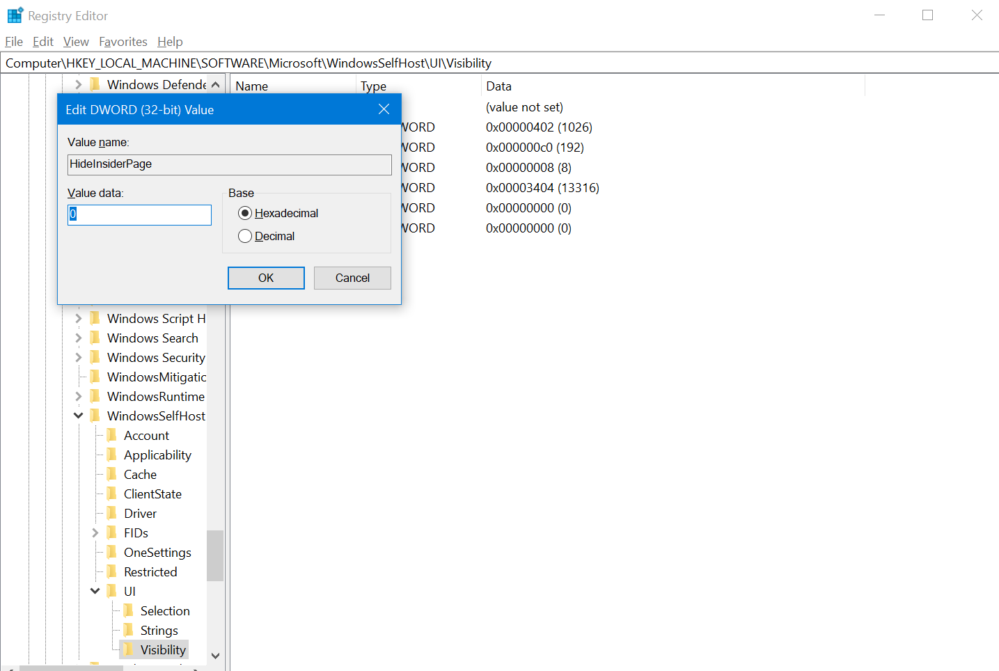 The Edit Value dialog is shown for the "HideInsiderPage" registry value. The number 0 is typed into the "Value data" field, and the radio button for Hexadecimal is selected.