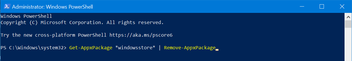 The above command to remove the Microsoft Store is typed into the PowerShell window.