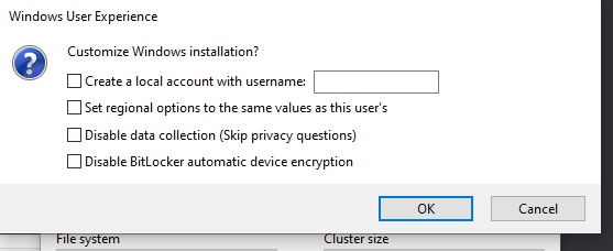 Rufus offers some options to customize your Windows installation: automatically creating a user account, automatically selecting regional options, skipping the privacy questions during Windows Setup, and disabling BitLocker automatic device encryption.