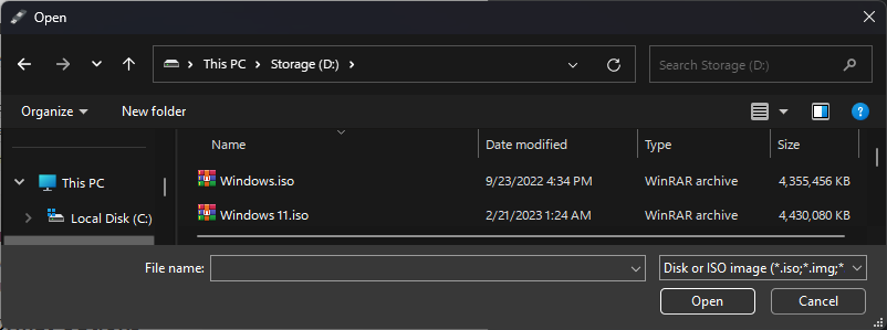 A file selection window. Select your ISO file and press Open.