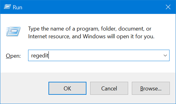 The Run dialog, with "regedit" typed into the "Open:" field.