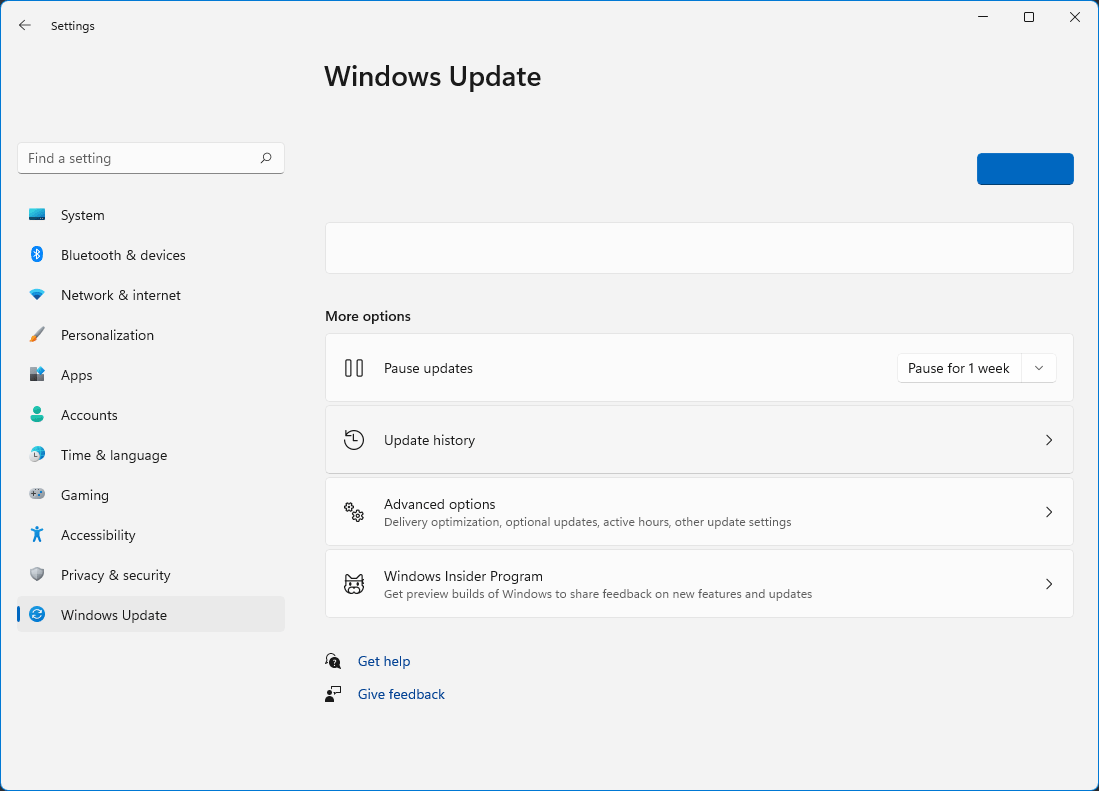 The Windows Update section of Windows 11's Settings app. On the right side, near the bottom of the page, there is a button to open Windows Insider Program settings.