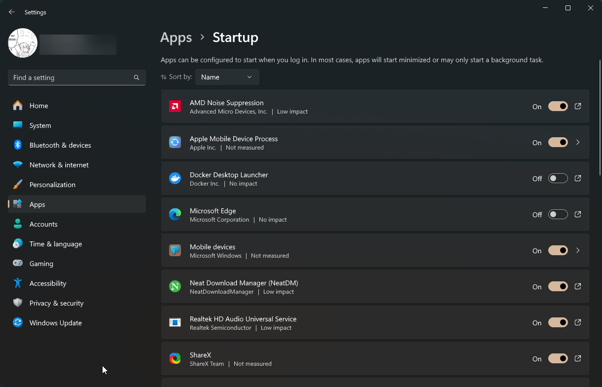 Startup Apps in Settings