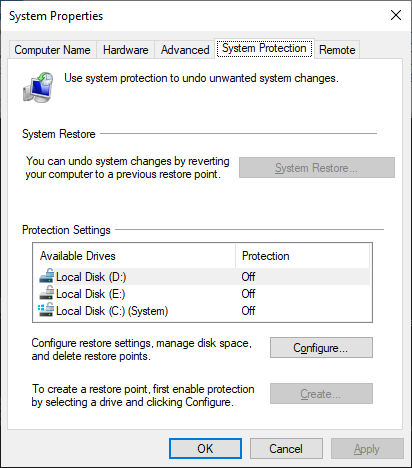 The System Properties window, with the System Protection tab selected. This tab shows the current status of System Restore for each connected drive.