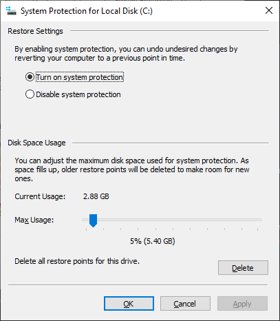 The System Protection settings window for the C drive. The "Turn on system protection" radio button is selected.