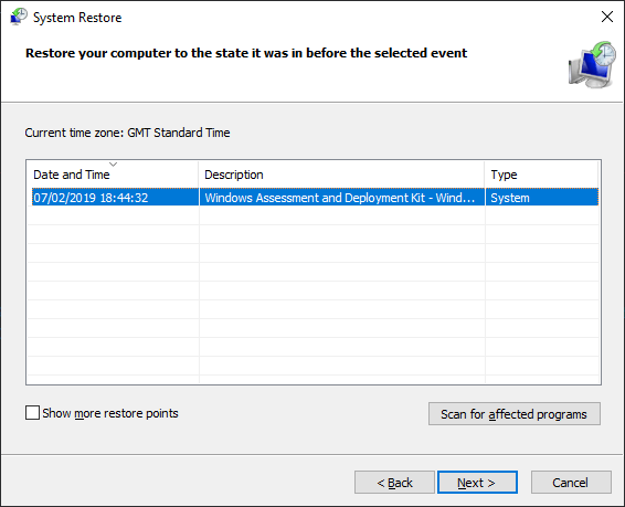 The System Restore wizard. A single restore point is shown.