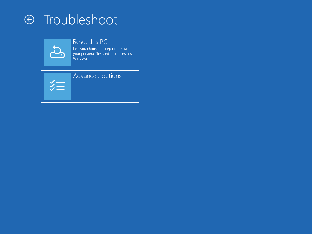 A screenshot of the Troubleshooting menu in the Windows Recovery Environment with the Advanced Options button highlighted.