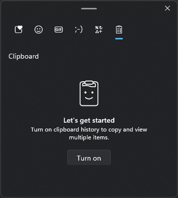 Screenshot of the clipboard history window with the Turn On button visible.