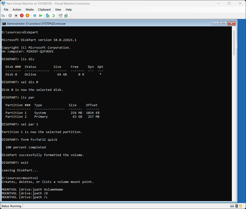 A Command Prompt in Windows Setup, showing the results of the above commands. "form fs=fat32 quick" is used to format the drive with FAT32.