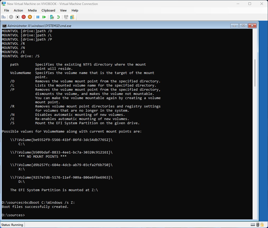 A Command Prompt in Windows Setup, showing the above command with the success message "Boot files successfully created."