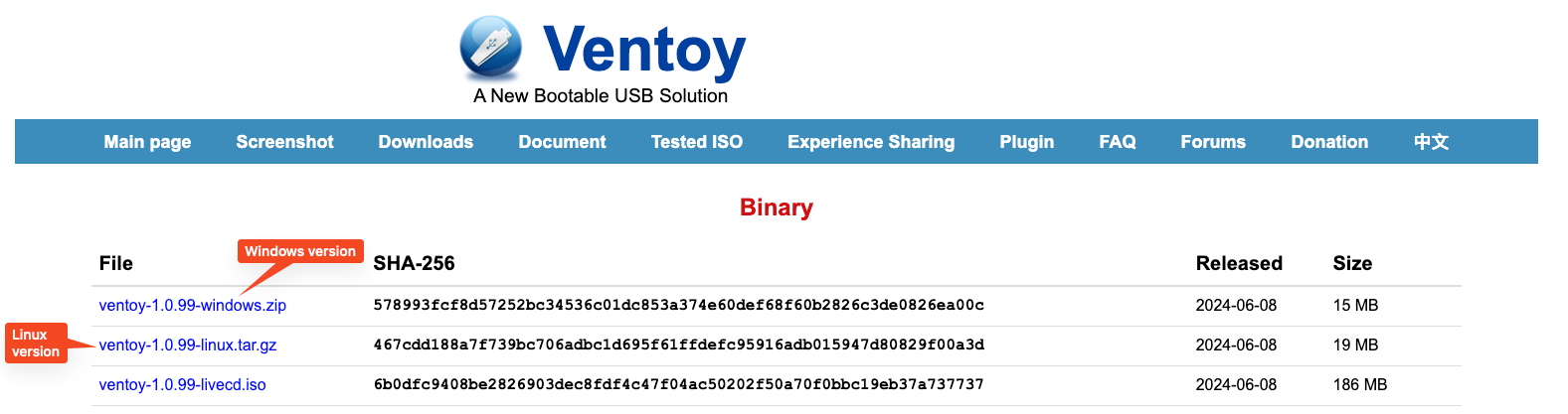 Download page of Ventoy