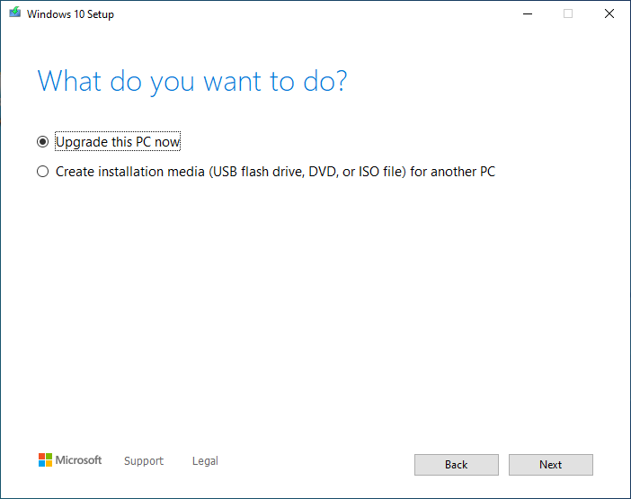 The Windows 10 Media Creation Tool prompts you to select what you want to do.