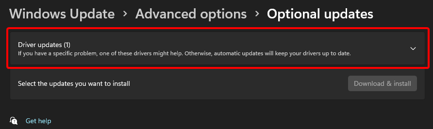 The Optional updates menu, with the Driver updates menu highlighted.