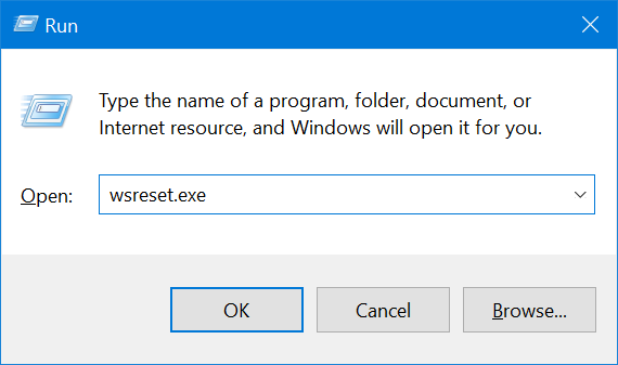 The Run dialog, with "wsreset.exe" typed into the "Open:" field.