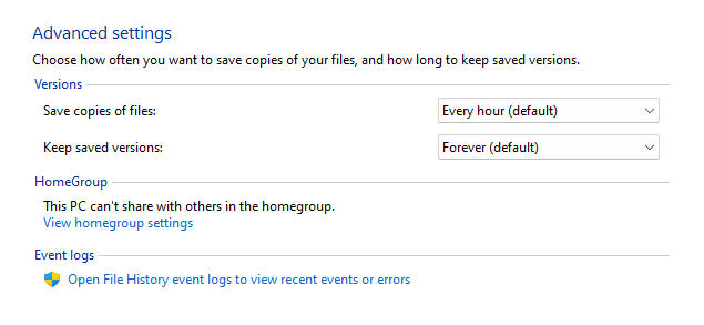 File History settings
